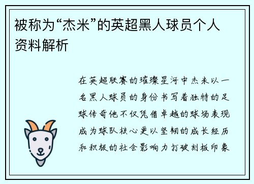 被称为“杰米”的英超黑人球员个人资料解析